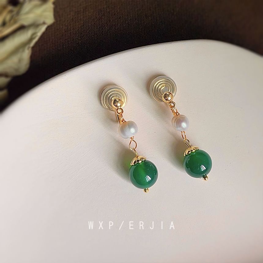 Drop Gemstone Earring Pearl Clip-On Faux