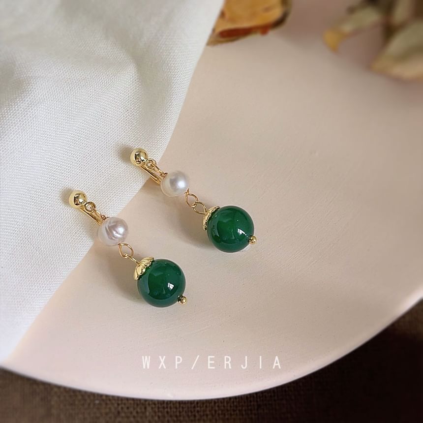 Drop Gemstone Earring Pearl Clip-On Faux