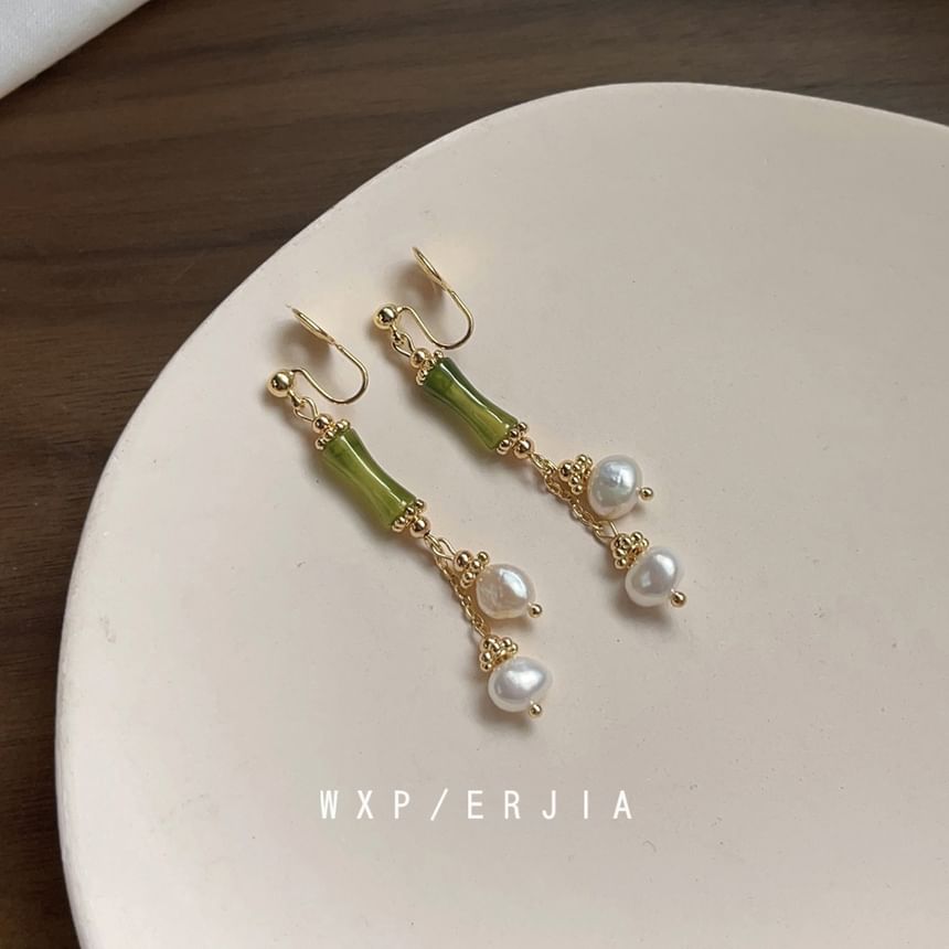 Earring Drop Pearl Clip-On Bamboo Faux