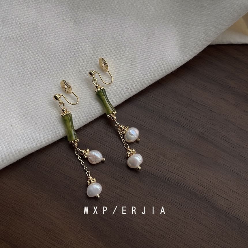 Earring Drop Pearl Clip-On Bamboo Faux