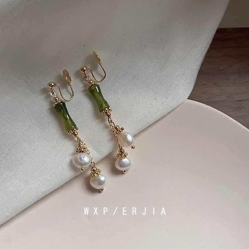 Earring Drop Pearl Clip-On Bamboo Faux