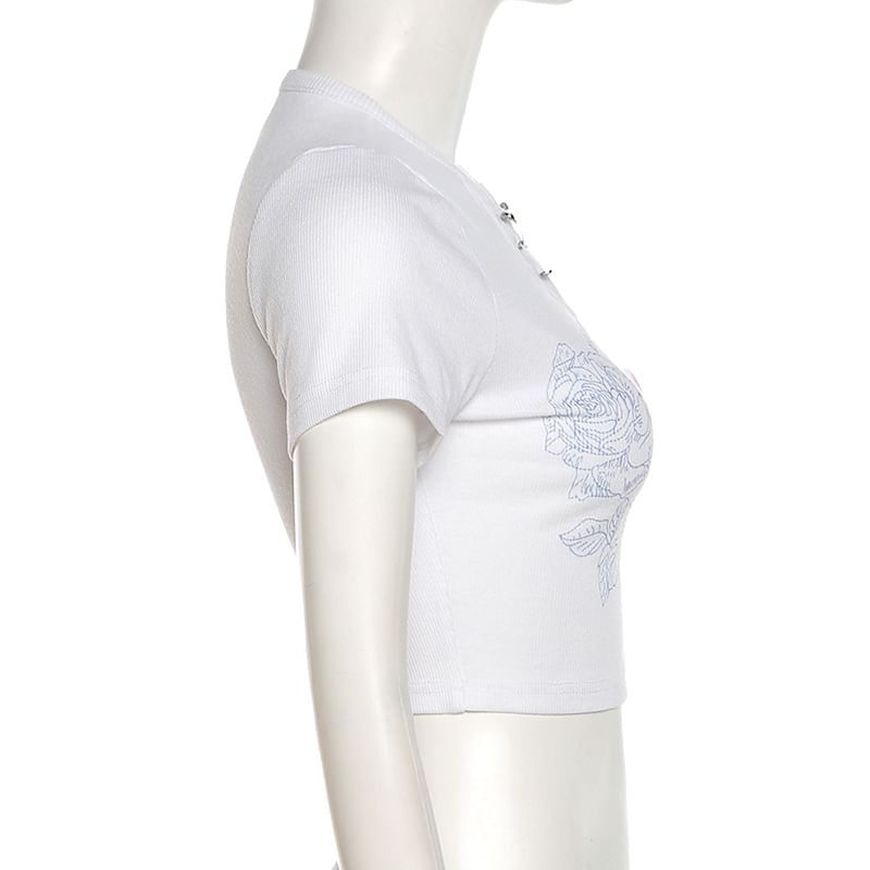 Pin Fit Floral Print Accent Ribbed Crop Short-Sleeve Slim Neck T-Shirt Safety Notch