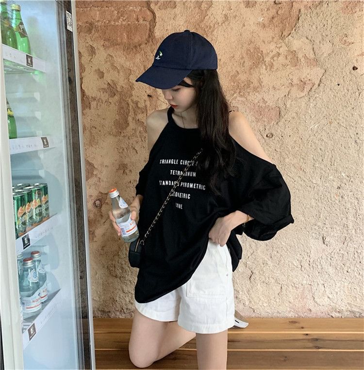 Lettering Print T-Shirt 3/4-Sleeve Cold Crew Neck Shoulder