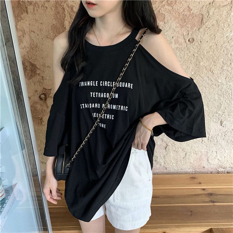 Lettering Print T-Shirt 3/4-Sleeve Cold Crew Neck Shoulder
