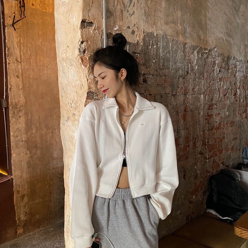 Zip-Up Applique Crop Collared Plain Waffle Jacket