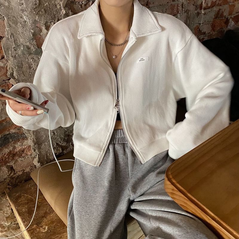 Zip-Up Applique Crop Collared Plain Waffle Jacket