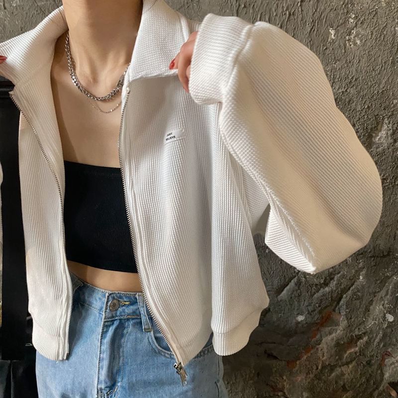 Zip-Up Applique Crop Collared Plain Waffle Jacket