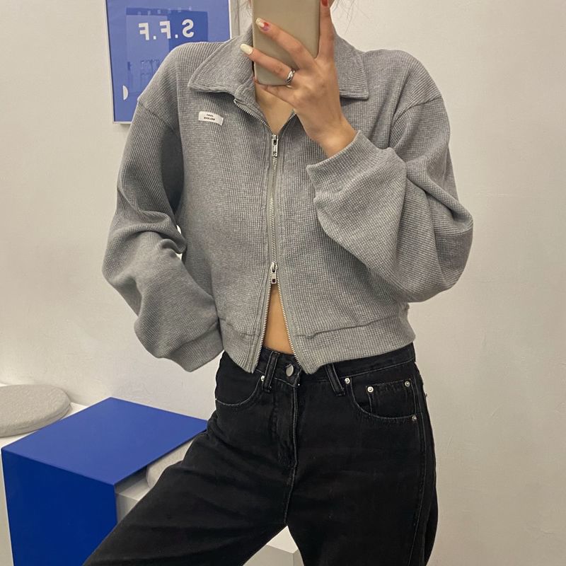 Zip-Up Applique Crop Collared Plain Waffle Jacket
