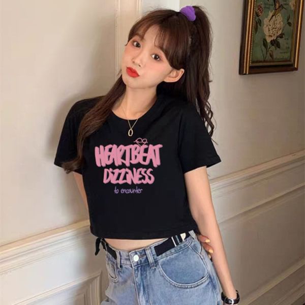 Lettering Print T-Shirt Neck Crew Crop Short-Sleeve
