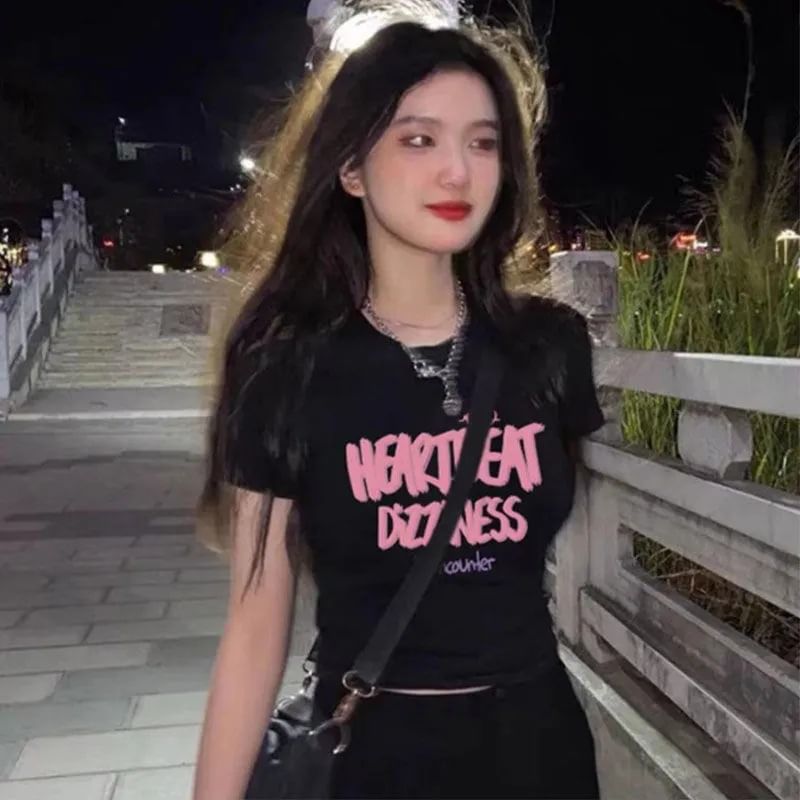 Lettering Print T-Shirt Neck Crew Crop Short-Sleeve