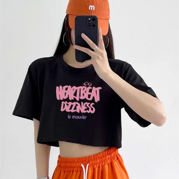 Lettering Print T-Shirt Neck Crew Crop Short-Sleeve