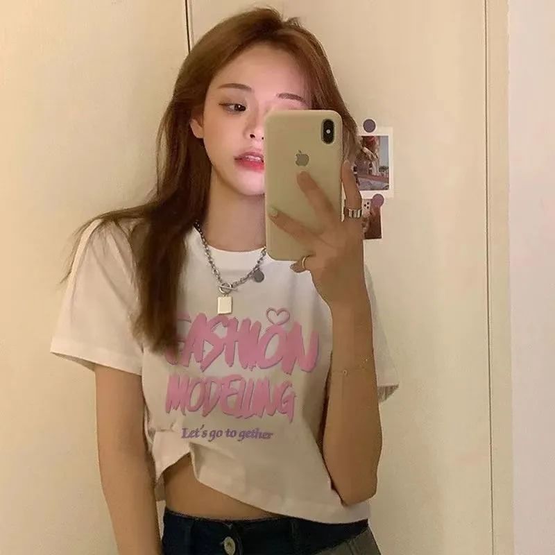 Lettering Print T-Shirt Neck Crew Crop Short-Sleeve