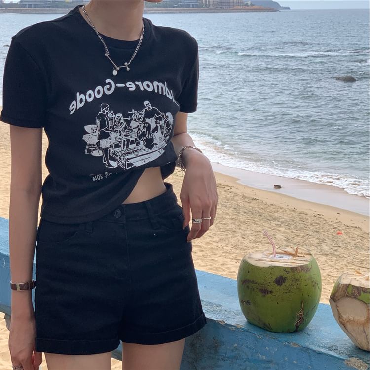 Short-Sleeve Neck Print T-Shirt Crop Lettering Crew