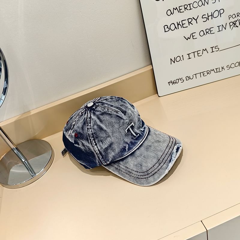 Distressed Lettering Washed Denim Baseball Cap
