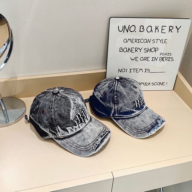 Distressed Lettering Washed Denim Baseball Cap