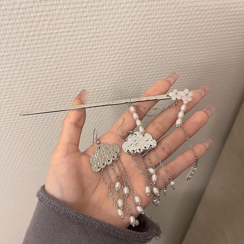Pearl Hair Chandelier Stick Alloy Faux Earring Floral /