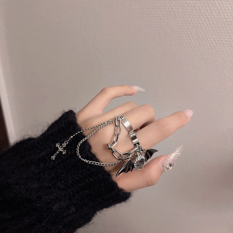 Cross Ring Heart Wing Double Bat Alloy