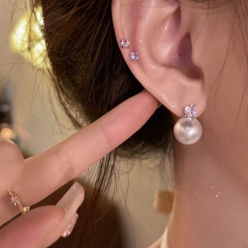 Stud Faux Earring Pearl Rhinestone Alloy