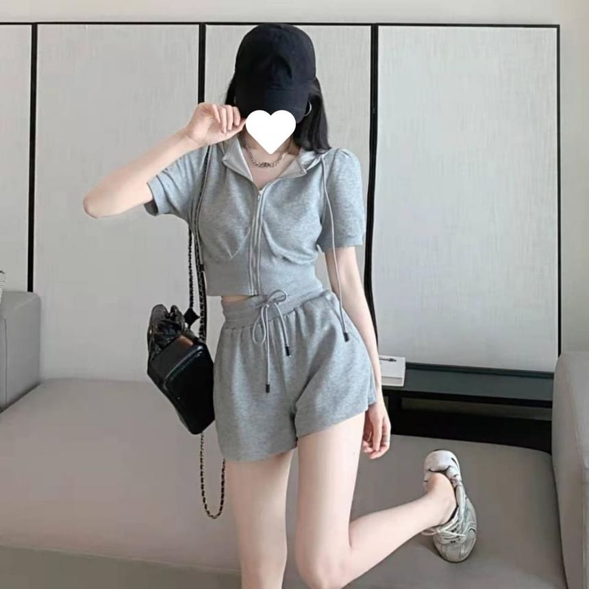 Hoodie Zip Shorts Set: Plain Short-Sleeve Waist Sweat Drawstring +