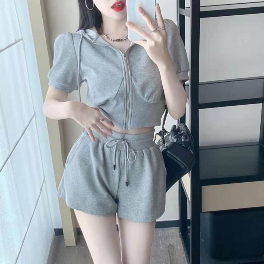 Hoodie Zip Shorts Set: Plain Short-Sleeve Waist Sweat Drawstring +