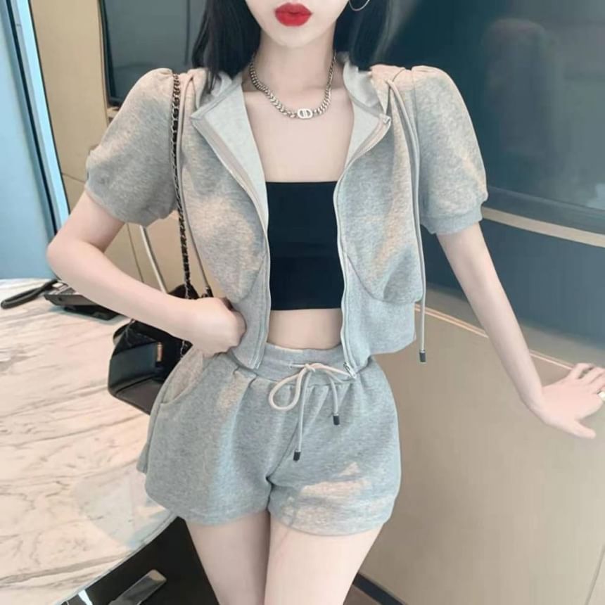 Hoodie Zip Shorts Set: Plain Short-Sleeve Waist Sweat Drawstring +