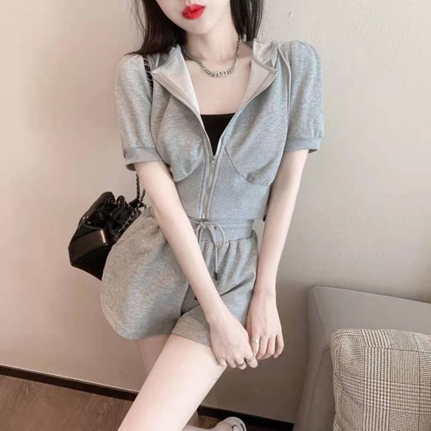 Hoodie Zip Shorts Set: Plain Short-Sleeve Waist Sweat Drawstring +