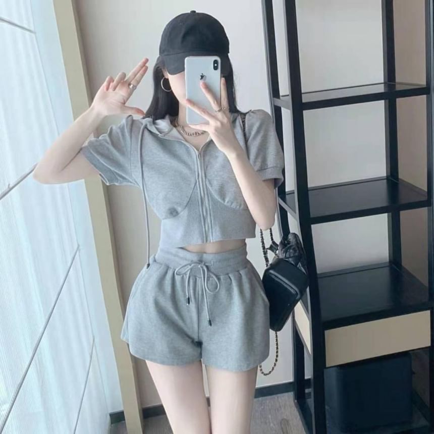Hoodie Zip Shorts Set: Plain Short-Sleeve Waist Sweat Drawstring +