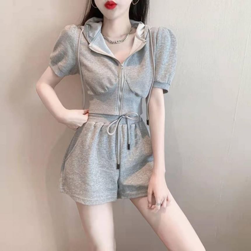 Hoodie Zip Shorts Set: Plain Short-Sleeve Waist Sweat Drawstring +