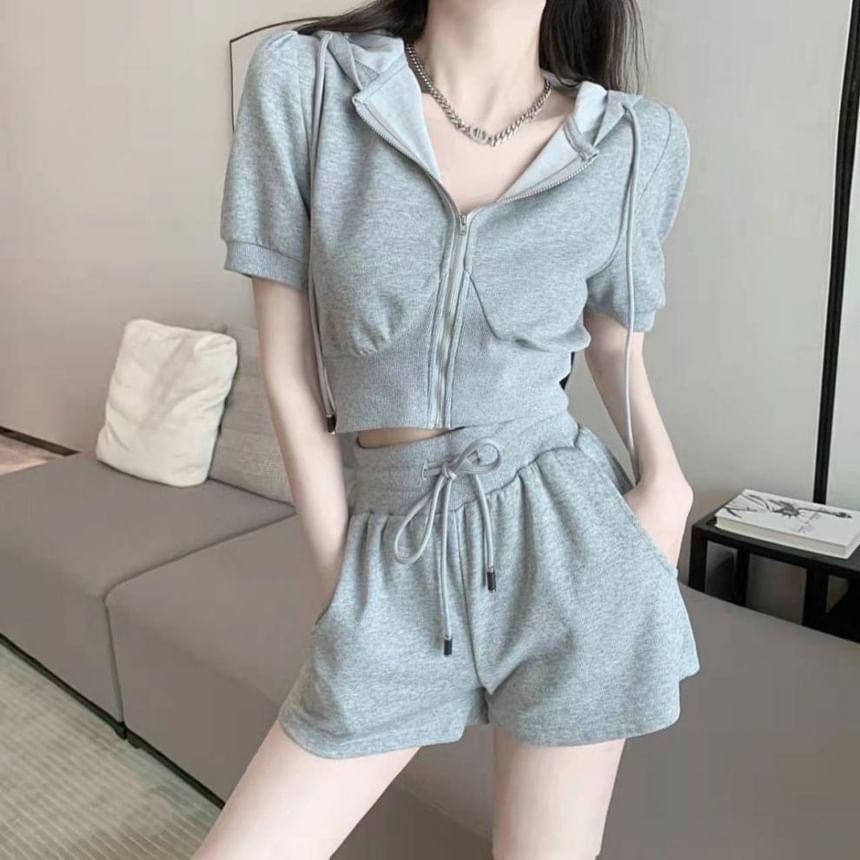 Hoodie Zip Shorts Set: Plain Short-Sleeve Waist Sweat Drawstring +