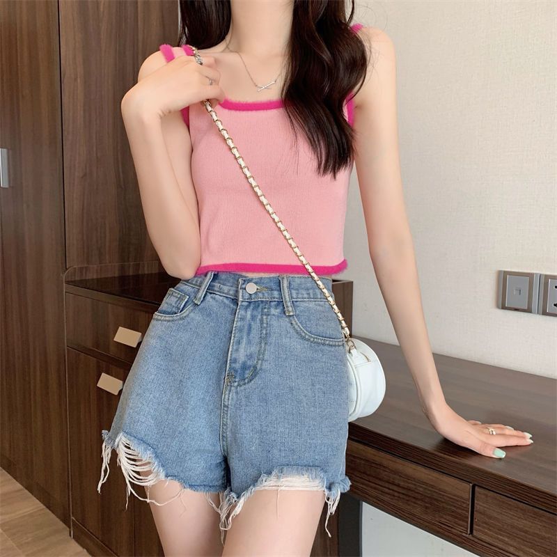 Contrast Crop Top Neck Scoop Trim Knit