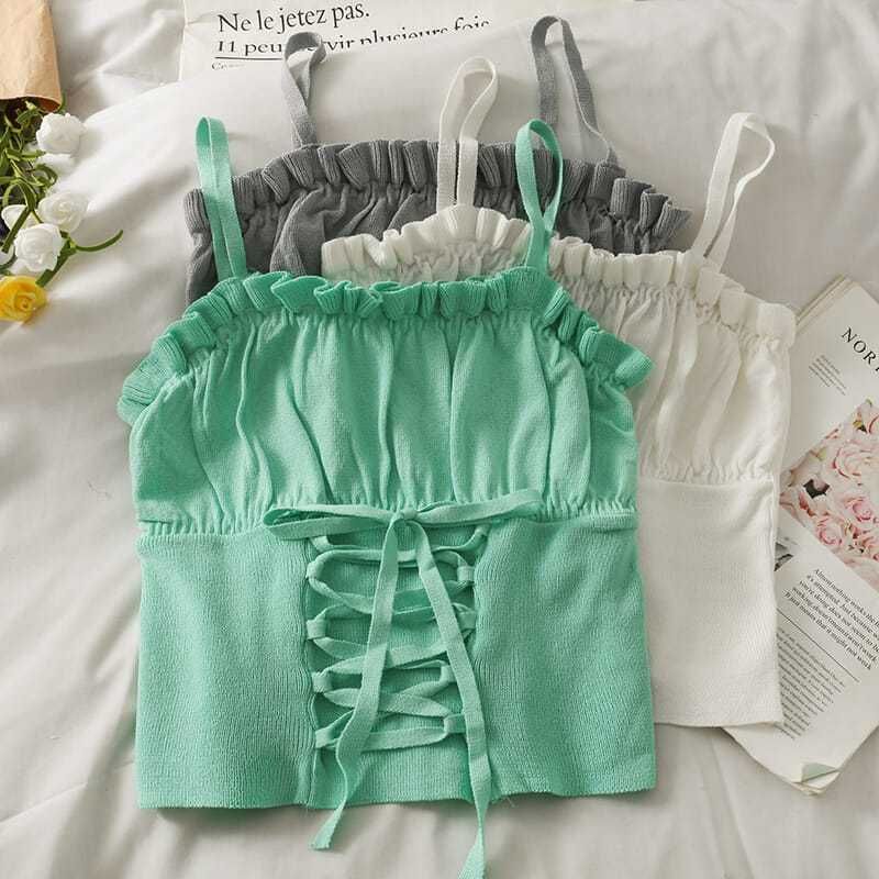 Ruched Camisole Crop Up Plain Top Lace