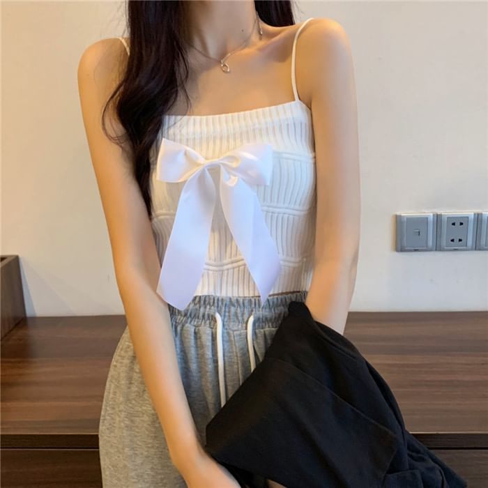 Top Camisole Bow Ribbed Knit Plain