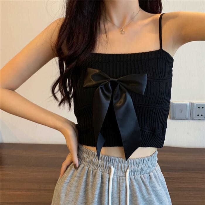 Top Camisole Bow Ribbed Knit Plain