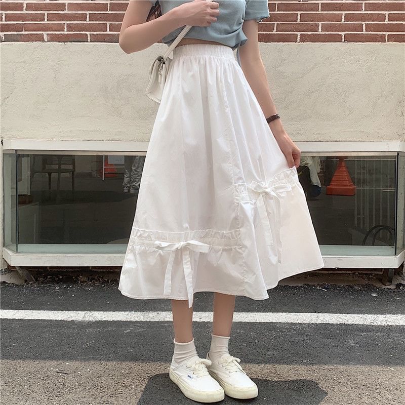 Waist Midi Panel Bow Skirt Plain Elastic A-Line