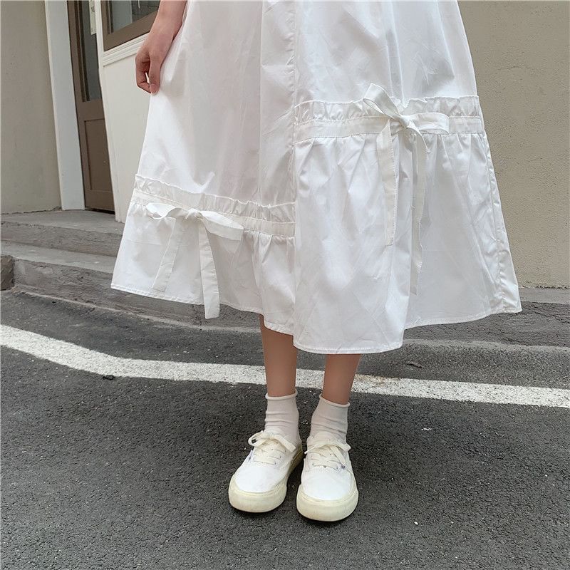 Waist Midi Panel Bow Skirt Plain Elastic A-Line
