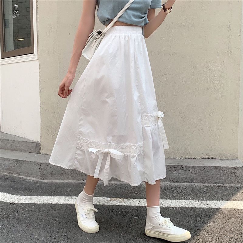 Waist Midi Panel Bow Skirt Plain Elastic A-Line