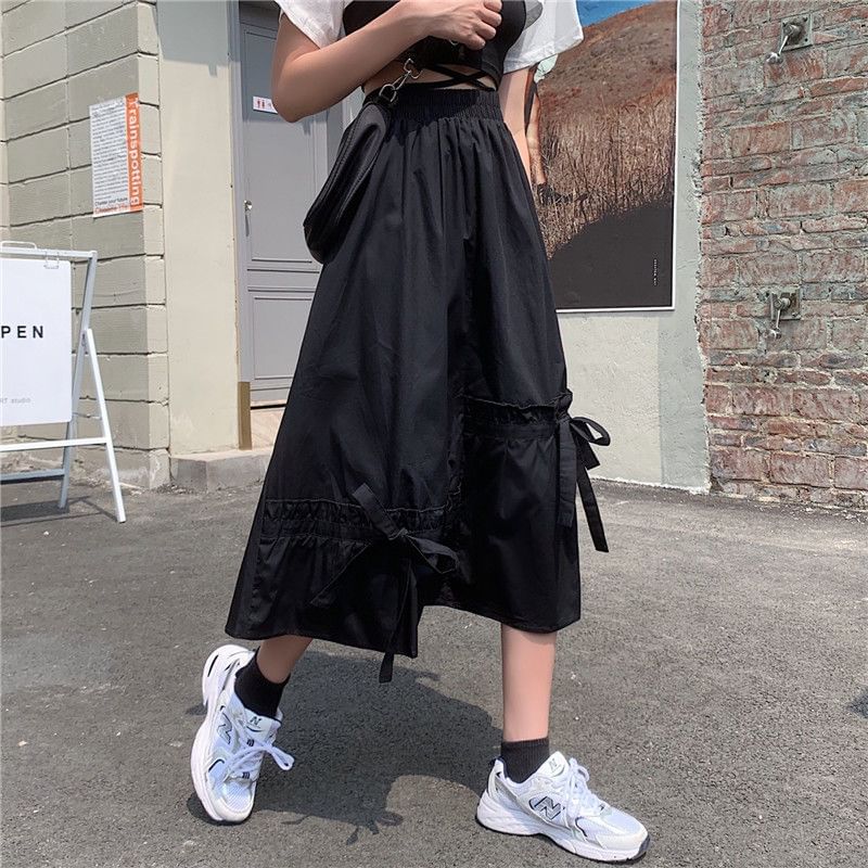 Waist Midi Panel Bow Skirt Plain Elastic A-Line