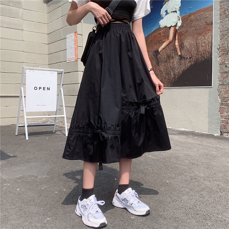 Waist Midi Panel Bow Skirt Plain Elastic A-Line