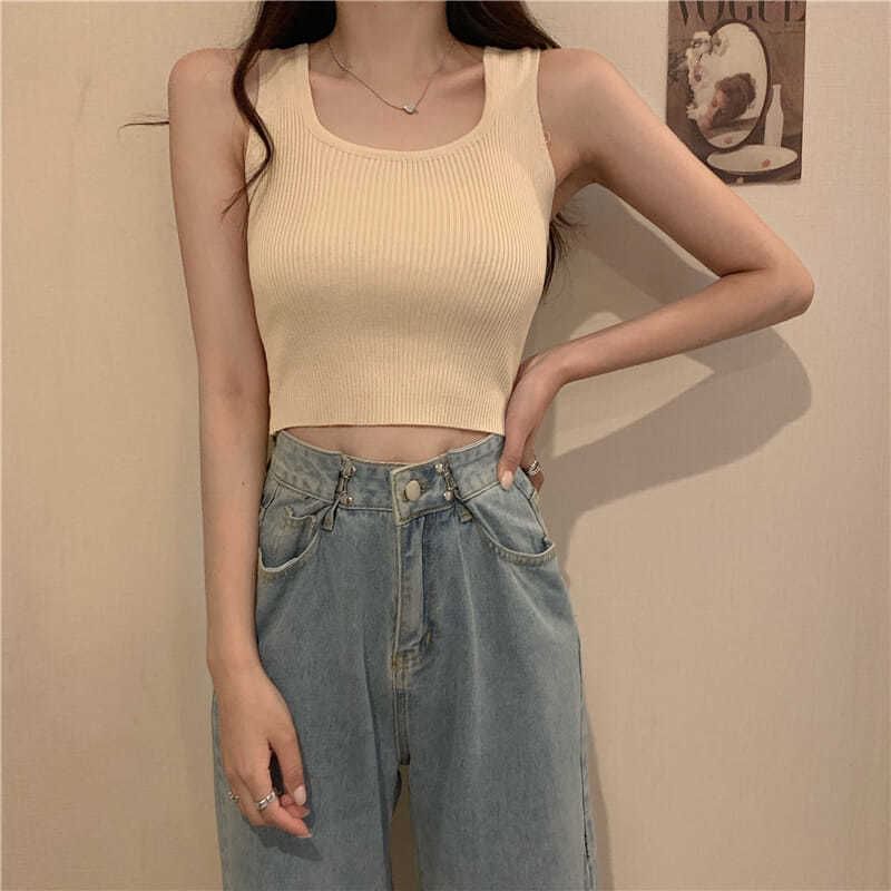 Tank Plain Neck Knit Square Top Ribbed