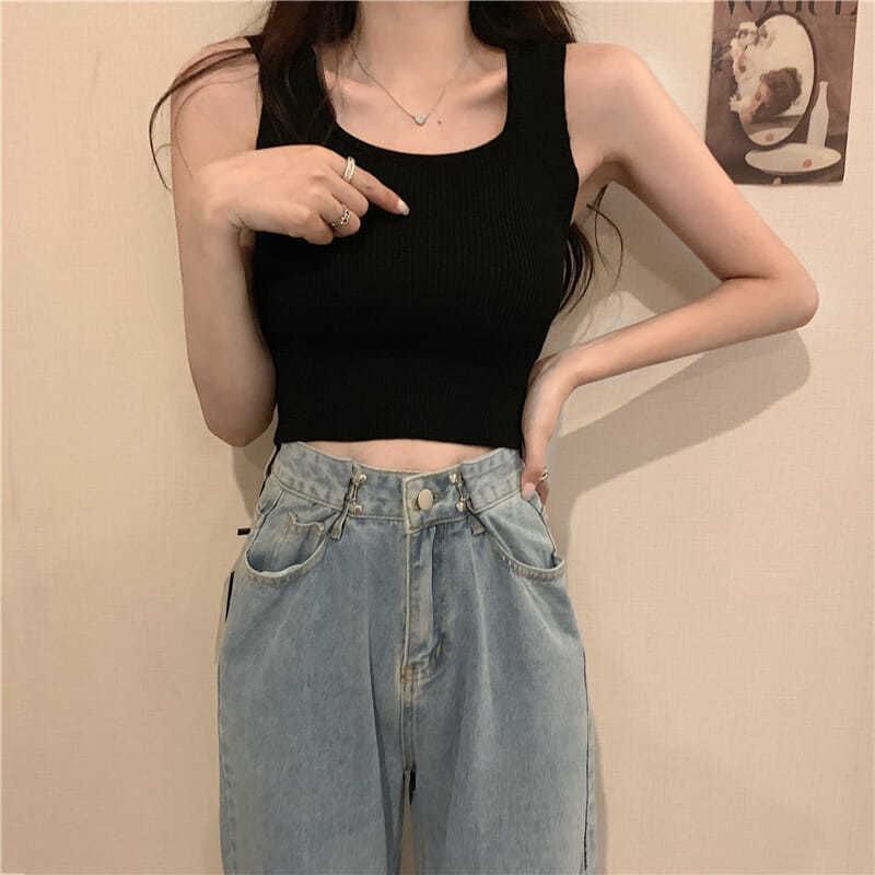 Tank Plain Neck Knit Square Top Ribbed