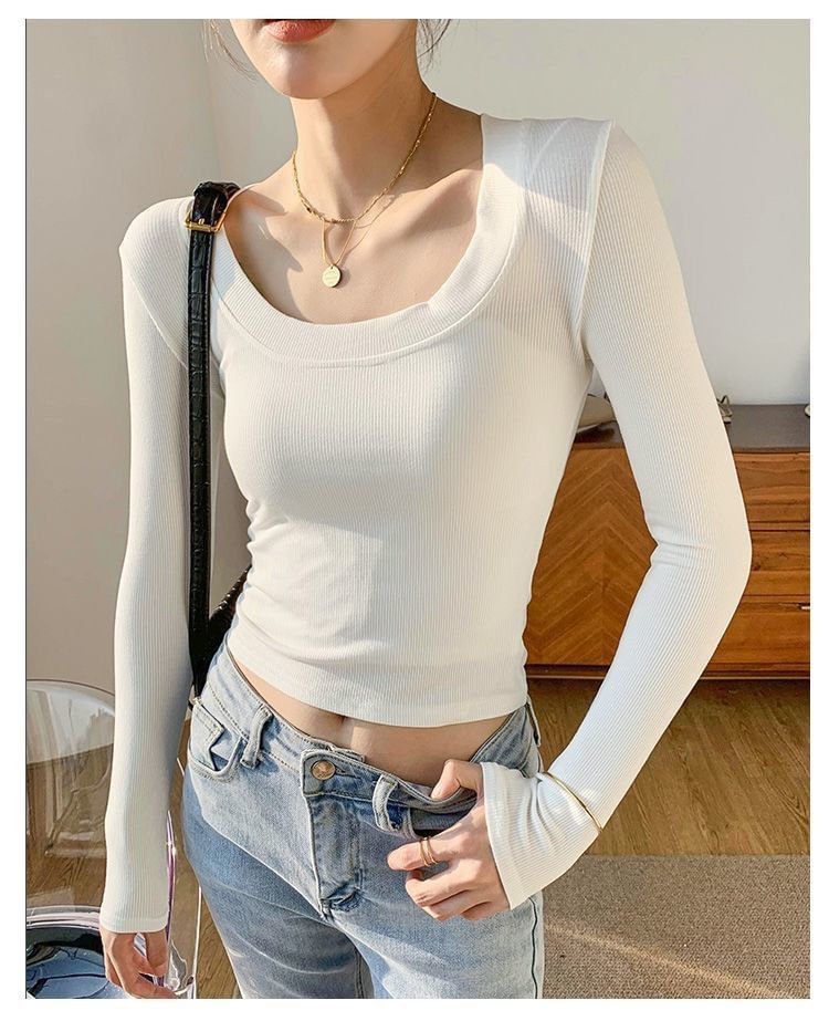 Plain Long-Sleeve Scoop Neck T-Shirt