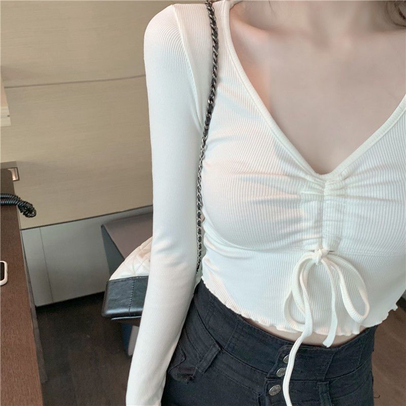 Crop V-Neck Plain T-Shirt Long-Sleeve Drawstring