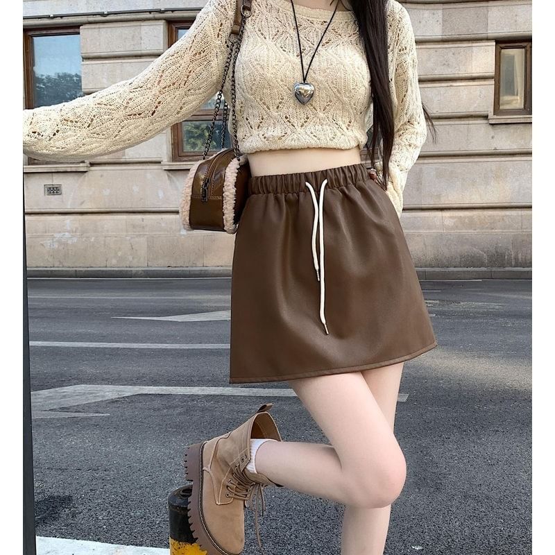 Waist A-Line Leather Plain Mini Faux Drawstring Skirt