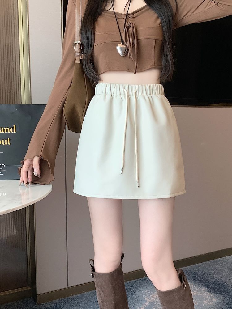 Waist A-Line Leather Plain Mini Faux Drawstring Skirt