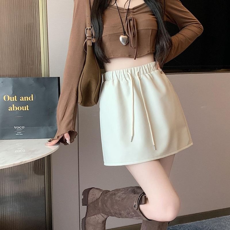 Waist A-Line Leather Plain Mini Faux Drawstring Skirt