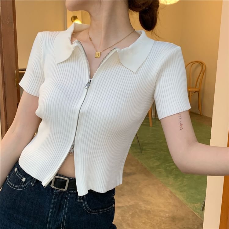 Knit Plain Short-Sleeve Zip Top Polo
