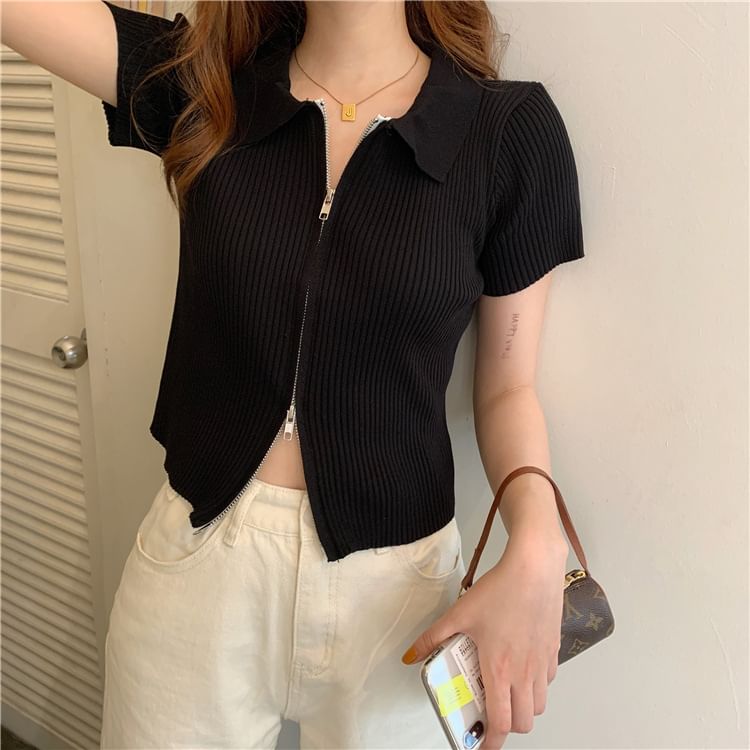 Knit Plain Short-Sleeve Zip Top Polo