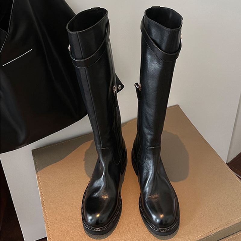 Buckled Leather Tall Faux Boots