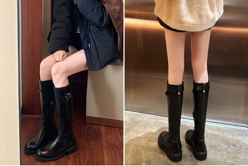 Buckled Leather Tall Faux Boots