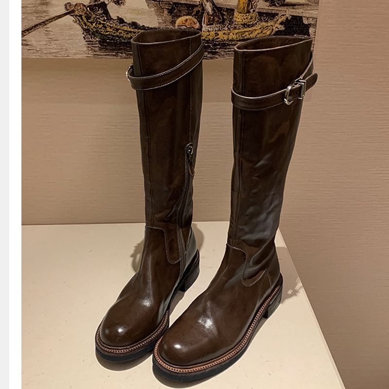 Buckled Leather Tall Faux Boots